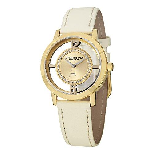 Stuhrling Original Winchester Tiara Women's Quartz Watch with Gold Dial Analogue Display and White Leather Strap 388L2. Set. 02