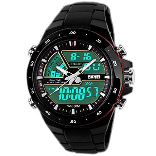 SunJas Reloj Deportivo para Hombres Resistente contra Agua de 50m Pulsera Digital con Luces Banda Desmontable de Multifunciones para Deportes Exteriores (Negro)