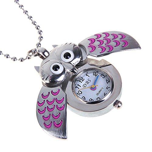 SuntekStore Online - Lindo mini búho collar reloj de bolsillo - plata y rosa