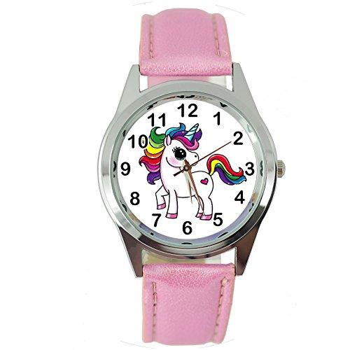 TAPORT® - Reloj de cuarzo con unicornio y correa de piel rosa, E2 + pila de repuesto gratuita + bolsa para regalo gratuita