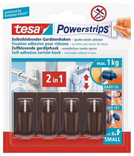 Tesa 58047-00002-00 Powerstrips - Ganchos adhesivos para cortinas Vario (4 ganchos, 6 tiras adhesivas), color marrón