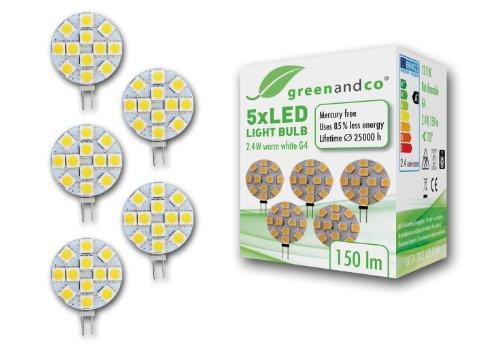 5 unidades de lámparas LED greenandco® G4 / 2,4 vatios / 150 lúmenes / 3000 K (blanco cálido) / 12 x 5050 SMD LED / 120° ángulo de dispersión / 12 voltios DC