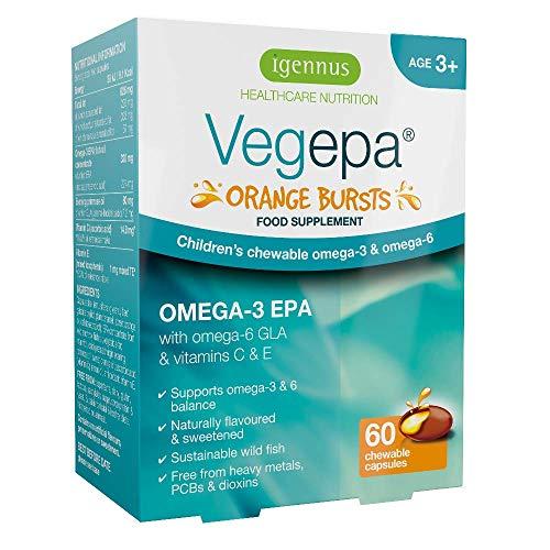 Vegepa Orange Bursts, Aceite de Pescado Omega-3 EPA y Omega-6 GLA para niños, sin azúcar, sabor natural a naranja, 60 cápsulas masticables