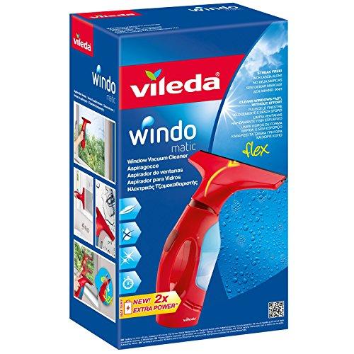 Vileda Windomatic - Aspirador de ventanas con labio de goma, limpiacristales con cabezal flexible y depósito de agua, aspiración vertical y horizontal, medidas 17,5x12x32 cm, color rojo