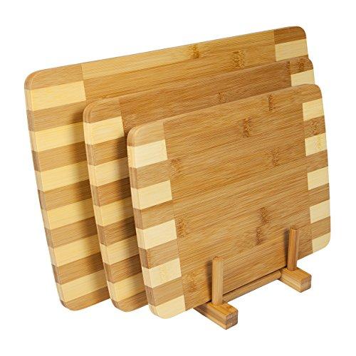 woodluv - Cesto Juego de 3, 100% bambú Decorativa de Madera Tablas de Cortar (Viene con su Propia de Almacenamiento Rack), Natural