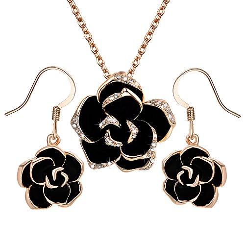 Yoursfs Amazon Conjunto Collar y Pendientes Colgante de Flor Collar y Pendientes Chapado en Oro Negro Flores